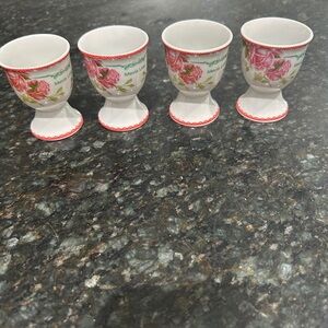 4 vintage Mevis Line porcelain-ceramic egg cups/ white &pink roses